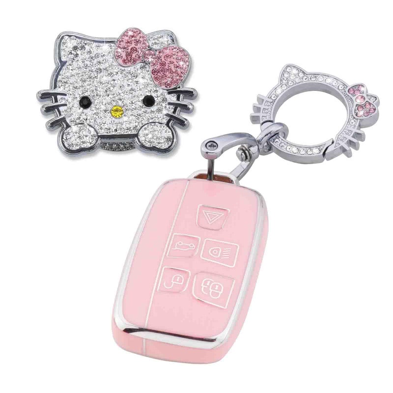 Pangpai Pink Car Accessories 3 Pcs for Land Rover Evoque Velar Sport Discovery Freelander2 LR4 Sport Jaguar XF XJ XE F-PACE F-TYPE Key Fob Cover with Bling Keychain Cute Push to Start Button Cover - Image 1